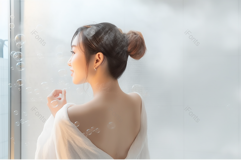 汽泡设计素材清晰的摄影图高清的图片白色背景女性使用沐浴球洗澡,高清,摄影图,摄影图片,图片大全,摄影图免费下载